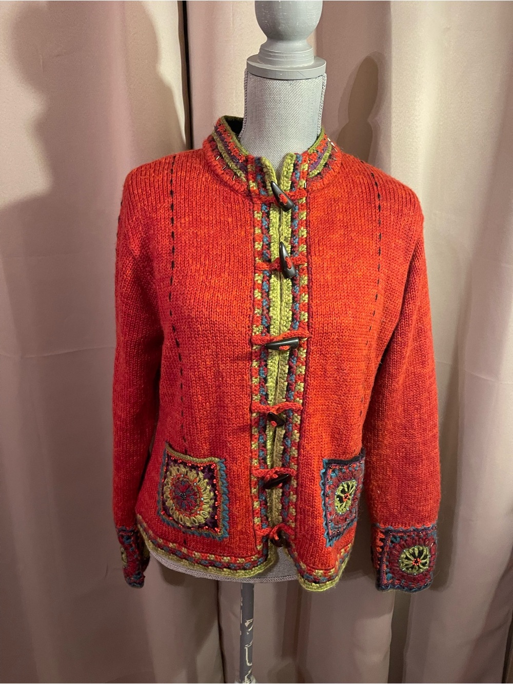 Icelandic Design Rust Knit Cardigan Sweater – Toggle Buttons & Colorful Pockets